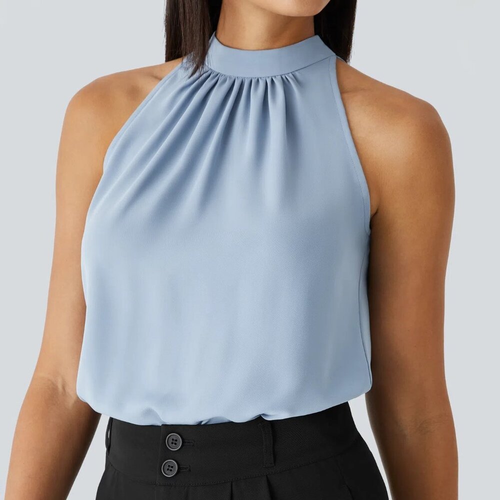 Keyhole Back Halter Sleeveless Curved Hem Work Blouse